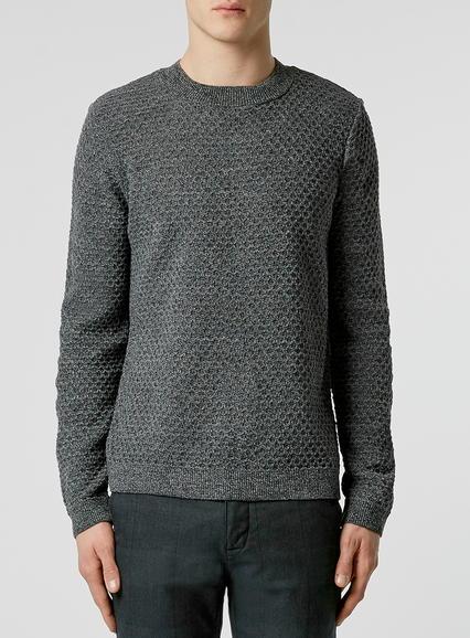 Topman Mens Grey Scallop Texture Crew Neck Sweater