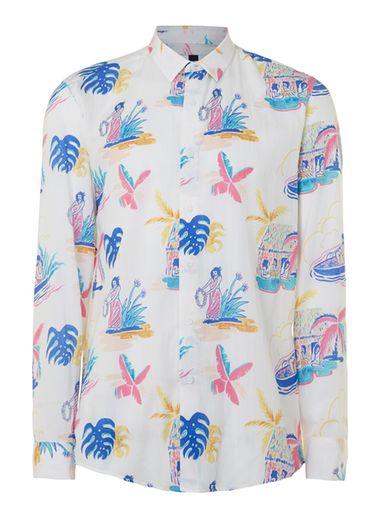 Topman Mens White And Multicoloured Hula Print Viscose Casual Shirt