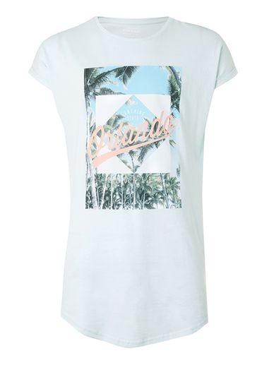 Topman Mens Blue Orlando Print Cap Sleeve Longline T-shirt