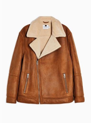 Topman Mens Brown Tan Shearling Lined Biker Jacket