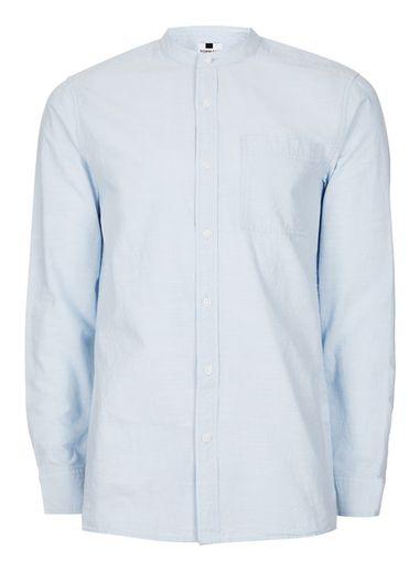Topman Mens Blue Slub Cotton Stand Collar Casual Shirt