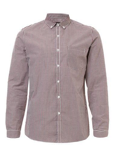 Topman Mens Red Burgundy Gingham Long Sleeve Shirt