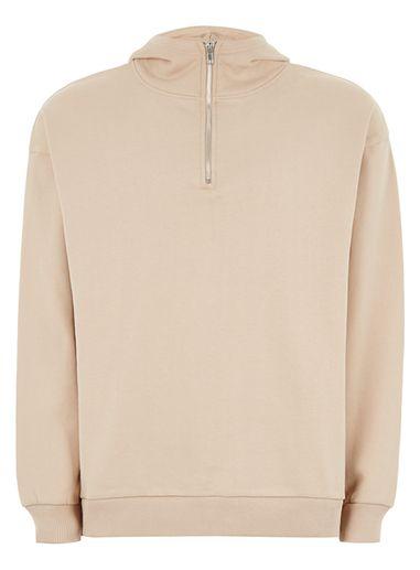 Topman Mens Grey Stone Premium Zip Neck Hoodie