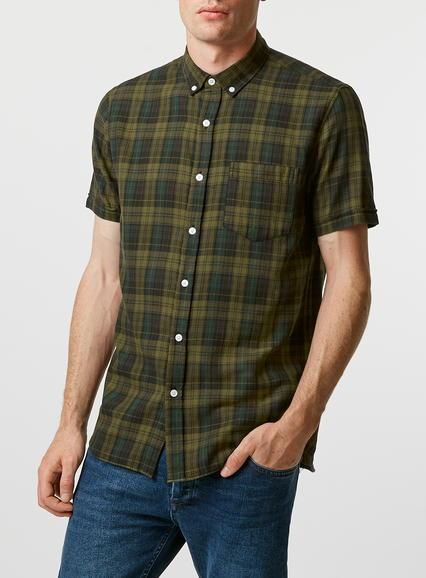 Topman Mens Green Khaki Check Short Sleeve Casual Shirt