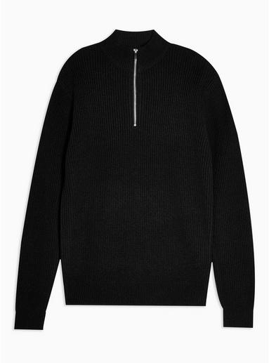 Topman Mens Black Textured Zip Neck Sweater