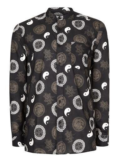 Topman Mens Black Yin Yang Print Stand Collar Casual Shirt