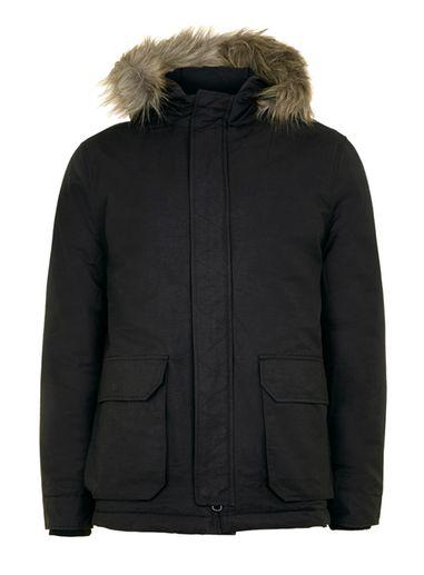 Topman Mens Black Parka With Faux Fur Trim