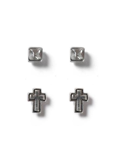 Topman Mens Metallic Silver Look Cross Crystal Earrings Pack*