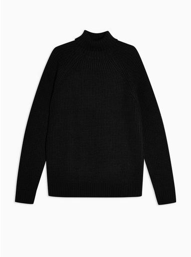 Topman Mens Black Waffle Roll Neck Jumper