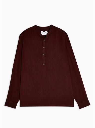 Topman Mens Red Burgundy Overhead Grandad Collar Slim Shirt
