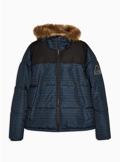 Topman Mens Multi Navy Check Faux Fur Polar Puffer Jacket