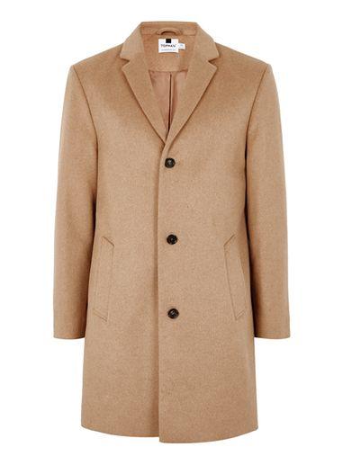 Topman Mens Brown Camel Overcoat Containing Wool