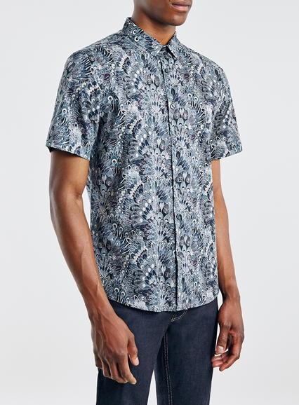 Topman Mens Mid Grey Premium Grey Feathers Print Shirt In Liberty Art Fabric
