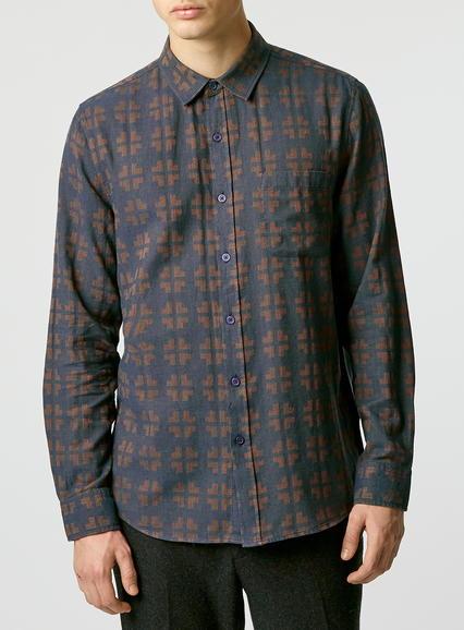 Topman Mens Blue Long Sleeve Navy/brown Cross Jacquard Shirt
