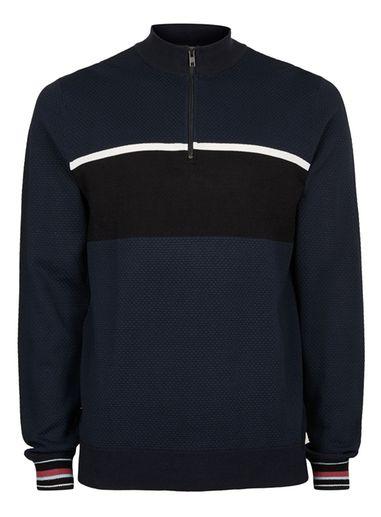 Topman Mens Blue Topman Premium Navy And Black Zip Neck Jumper