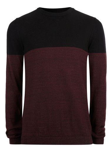 Topman Mens Black And Burgundy Colour Block Sweater