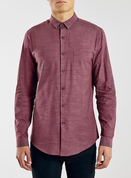 Topman Mens Burgundy Slub Textured Long Sleeve Dress Shirt