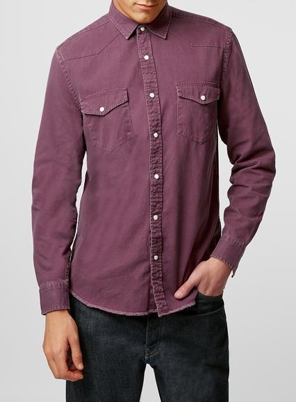 Topman Mens Red Burgundy Western Twill Long Sleeve Casual Shirt
