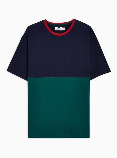 Topman Mens Navy And Green Colour Block T-shirt