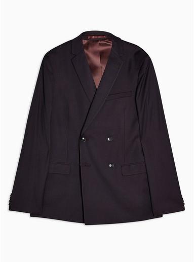 Topman Mens Red Burgundy Super Skinny Fit Double Breasted Burgundy Blazer With Notch Lapels
