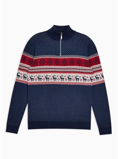 Topman Mens Multi Holiday Fair Isle Half Zip Sweater