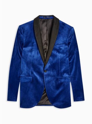 Topman Mens Blue Skinny Fit Single Breasted Velvet Blazer With Satin Covered Shawl Lapel
