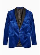 Topman Mens Blue Skinny Fit Single Breasted Velvet Blazer With Satin Covered Shawl Lapel