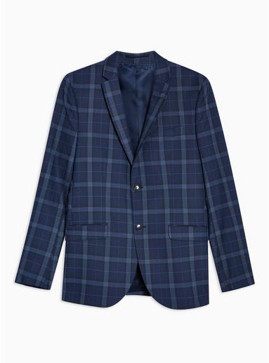 Topman Mens Blue Check Skinny Blazer