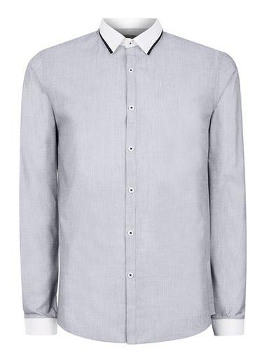 Topman Mens Grey And White Chambray Slim Fit Dress Shirt