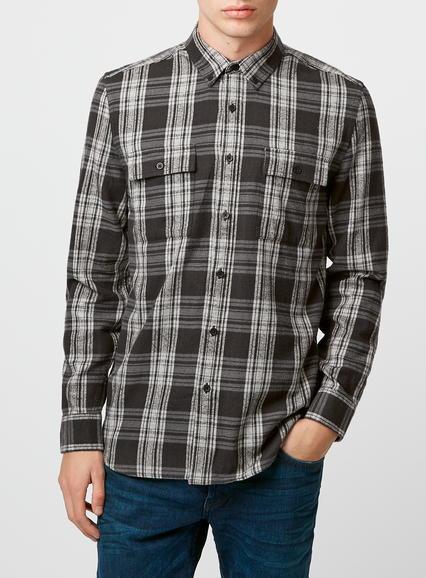 Topman Mens Mid Grey Grey Check Double Pocket Long Sleeve Casual Shirt