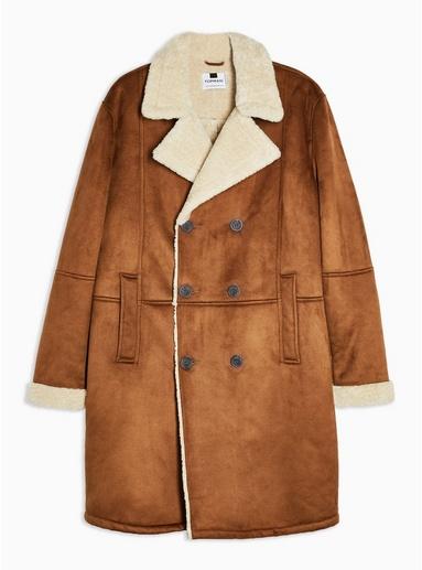 Topman Mens Brown Tan Longline Shearling Coat