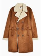 Topman Mens Brown Tan Longline Shearling Coat