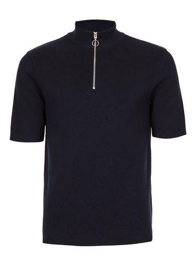 Topman Mens Blue Navy Short Sleeve Zip Neck Jumper