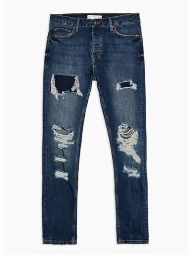 Topman Mens Blue Dark Wash Extreme Rip Stretch Skinny Jeans