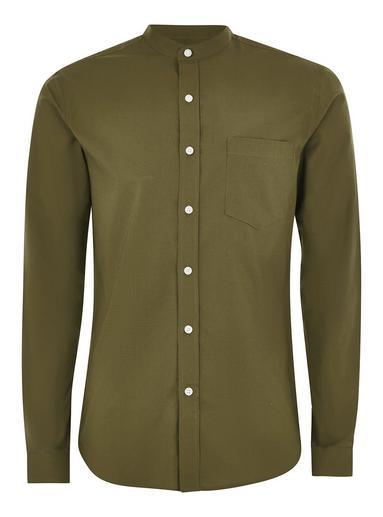 Topman Mens Khaki Muscle Stand Collar Oxford Long Sleeve Shirt