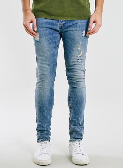 Topman Mens Blue Vintage Bullet Ripped Stretch Skinny Jeans