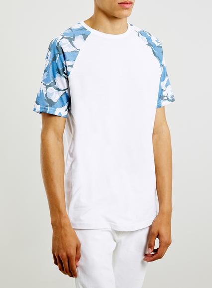 Topman Mens Blue Camo Raglan T-shirt
