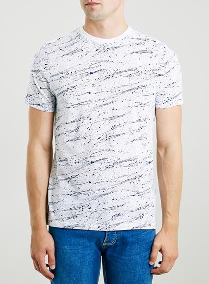 Topman Mens White T-shirt With Blue Splat Print
