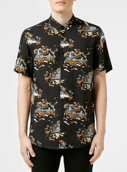 Topman Mens Black Hawaiian Print Short Sleeve Shirt