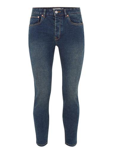 Topman Mens Blue Dark Wash Stretch Skinny Cropped Jeans