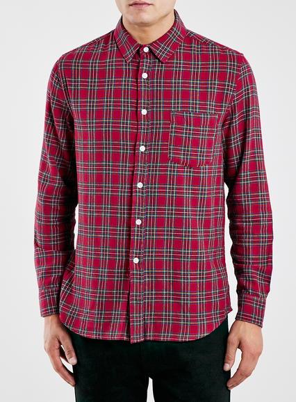 Topman Mens Red Mini Tartan Long Sleeve Casual Shirt