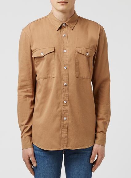 Topman Mens Brown Tan Long Sleeve Casual Shirt