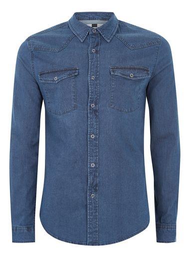 Topman Mens Blue Denim Muscle Western Shirt