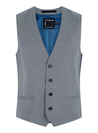 Topman Mens Green Gray Houndstooth Skinny Suit Vest