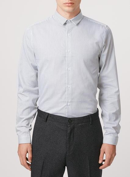 Topman Mens Blue Navy Stripe Long Sleeve Dress Shirt