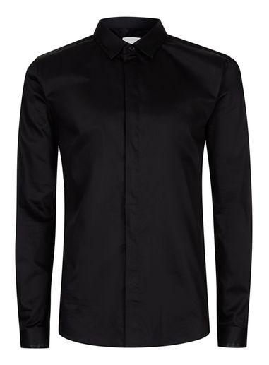 Topman Mens Black Long Sleeve Satin Pleat Smart Shirt