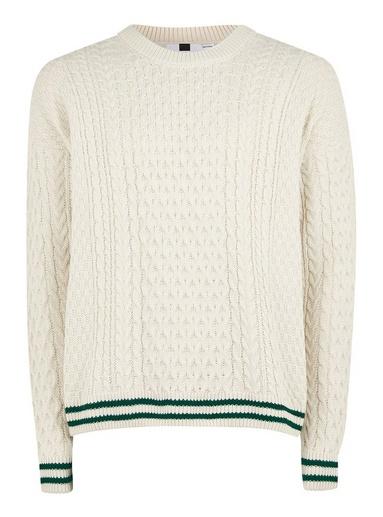 Topman Mens Cream Off White Tipped Cable Knit Jumper