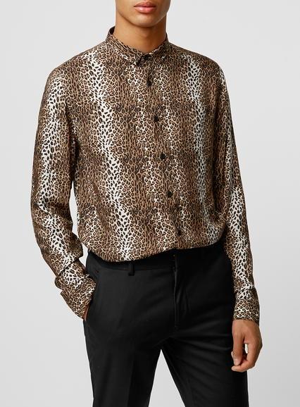 Topman Mens Multi Cheetah Print Long Sleeve Drapey Smart Shirt