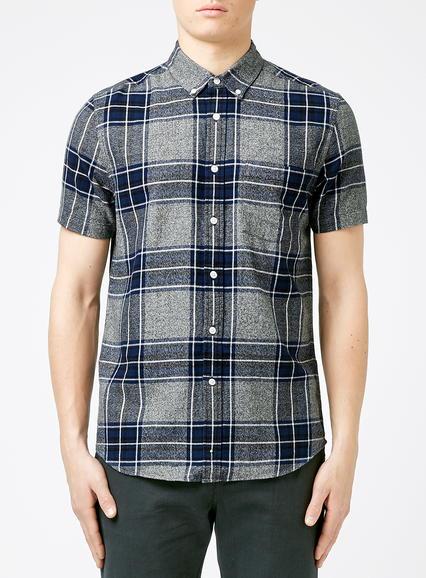 Topman Mens Blue Navy And Grey Tartan Short Sleeve Casual Shirt