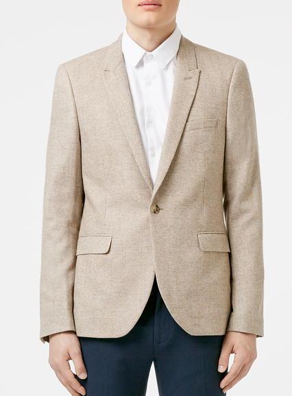 Topman Mens Beige Stone Birdseye Wool Blend Skinny Fit Blazer